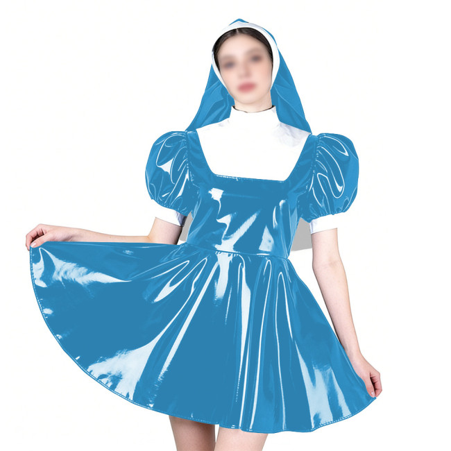 Elegant Cosplay Glossy Nun Dress Outfits High Neck Puff Sleeve A-line Dress with Headpiece Shiny PVC Leather Theme Party Uniform