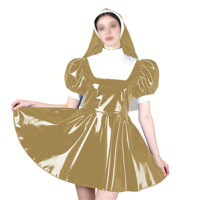 Elegant Cosplay Glossy Nun Dress Outfits High Neck Puff Sleeve A-line Dress with Headpiece Shiny PVC Leather Theme Party Uniform