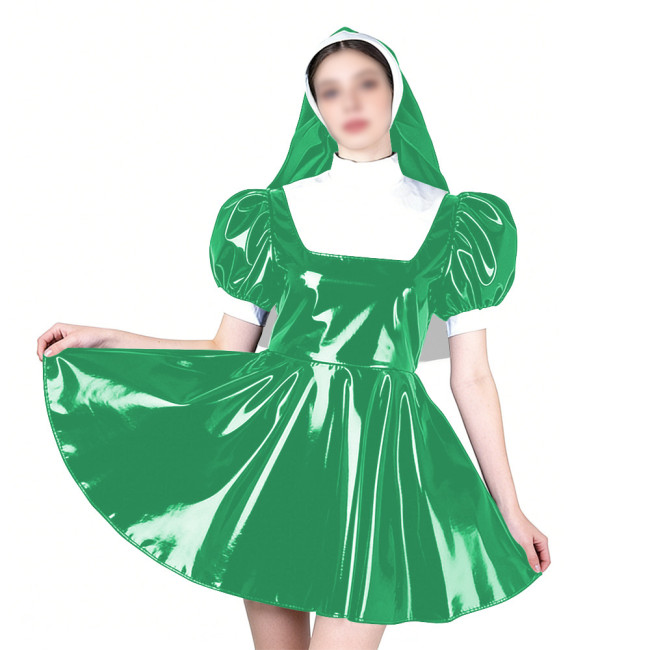Elegant Cosplay Glossy Nun Dress Outfits High Neck Puff Sleeve A-line Dress with Headpiece Shiny PVC Leather Theme Party Uniform