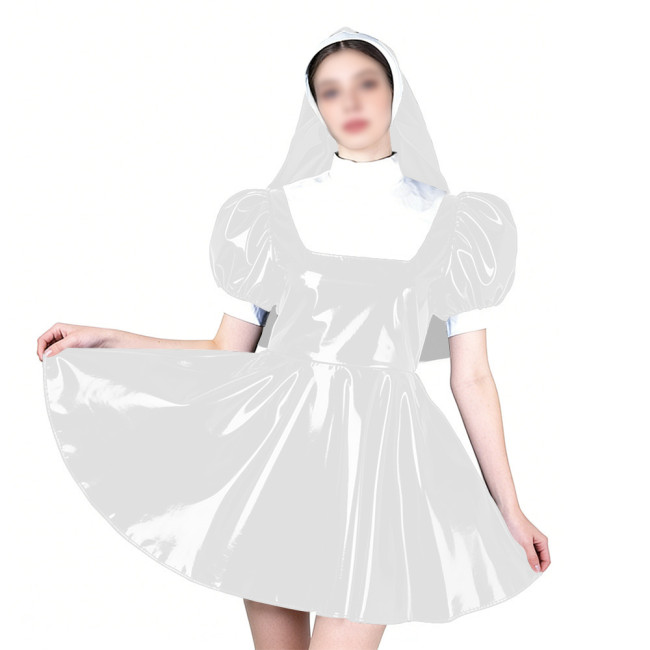 Elegant Cosplay Glossy Nun Dress Outfits High Neck Puff Sleeve A-line Dress with Headpiece Shiny PVC Leather Theme Party Uniform