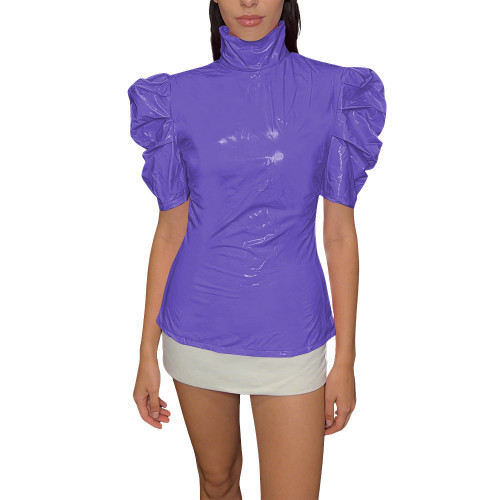 Chic PVC Shiny Turtleneck Slim Top Puff Short Sleeve Glossy Womens Blouse Ladies Solid Color PVC T-Shirt Party Club Streetwear