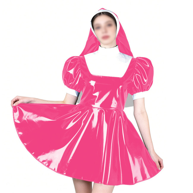 Elegant Cosplay Glossy Nun Dress Outfits High Neck Puff Sleeve A-line Dress with Headpiece Shiny PVC Leather Theme Party Uniform