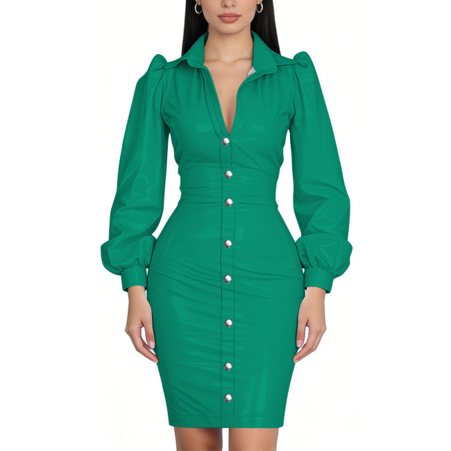 Glossy PVC Bodycon Office Shirt Dress Puff Sleeve Midi Dress Shiny Wetlook Turn-Down Collar Button Down Party Cocktail Dress