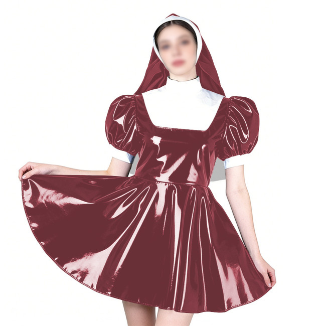 Elegant Cosplay Glossy Nun Dress Outfits High Neck Puff Sleeve A-line Dress with Headpiece Shiny PVC Leather Theme Party Uniform