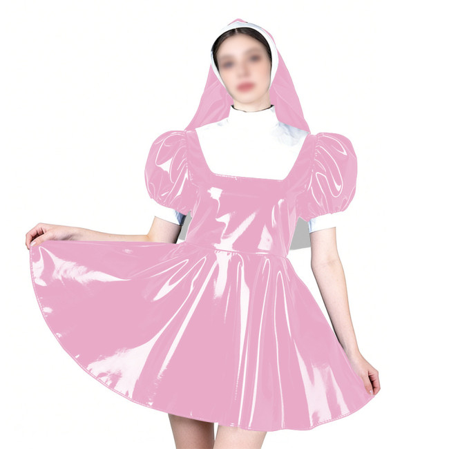 Elegant Cosplay Glossy Nun Dress Outfits High Neck Puff Sleeve A-line Dress with Headpiece Shiny PVC Leather Theme Party Uniform