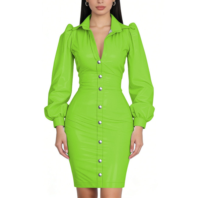 Glossy PVC Bodycon Office Shirt Dress Puff Sleeve Midi Dress Shiny Wetlook Turn-Down Collar Button Down Party Cocktail Dress