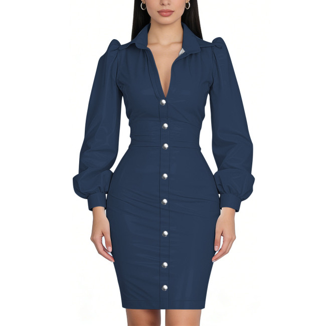 Glossy PVC Bodycon Office Shirt Dress Puff Sleeve Midi Dress Shiny Wetlook Turn-Down Collar Button Down Party Cocktail Dress