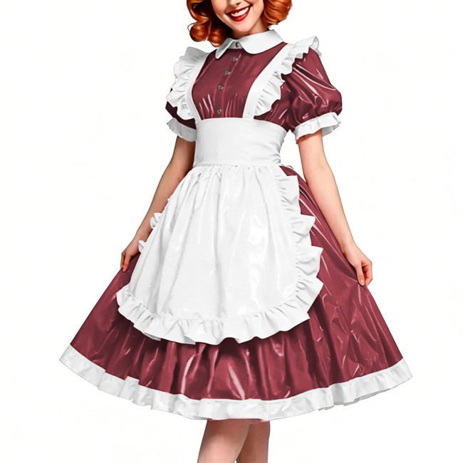Victorian Glossy PVC Dress Shiny Wetlook Halloween Apron Maid Puff Sleeve Party Sexy Ruffle Midi Dress Cosplay A-line Clubwear