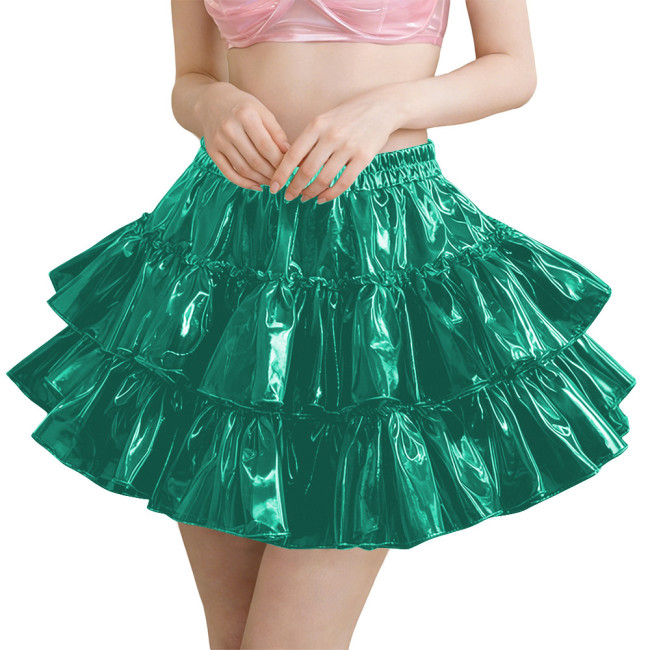 Erotic PVC Tiered Ruffle Party Mini Skirt Shiny Sexy High Waist Streetwear Ladies Elegant Layered Flared Skirt Cosplay Clubwear