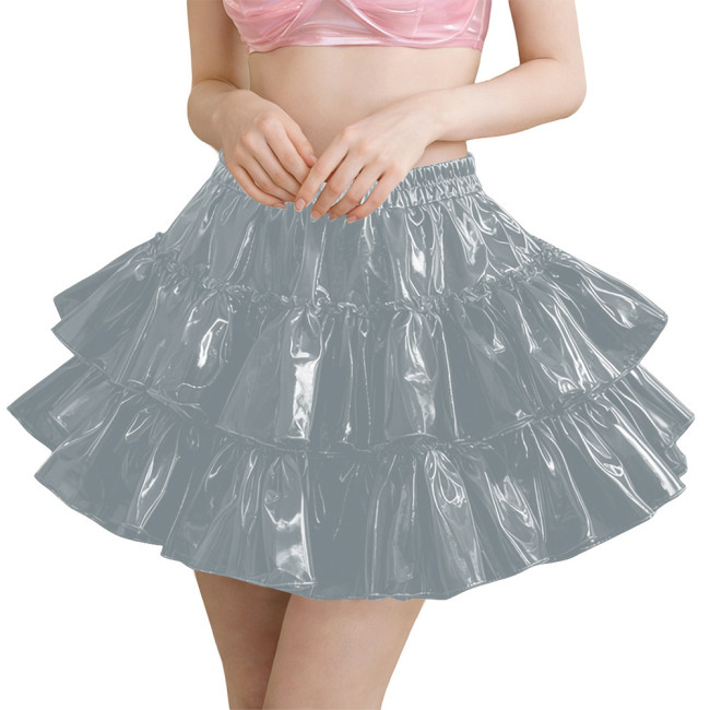 Erotic PVC Tiered Ruffle Party Mini Skirt Shiny Sexy High Waist Streetwear Ladies Elegant Layered Flared Skirt Cosplay Clubwear