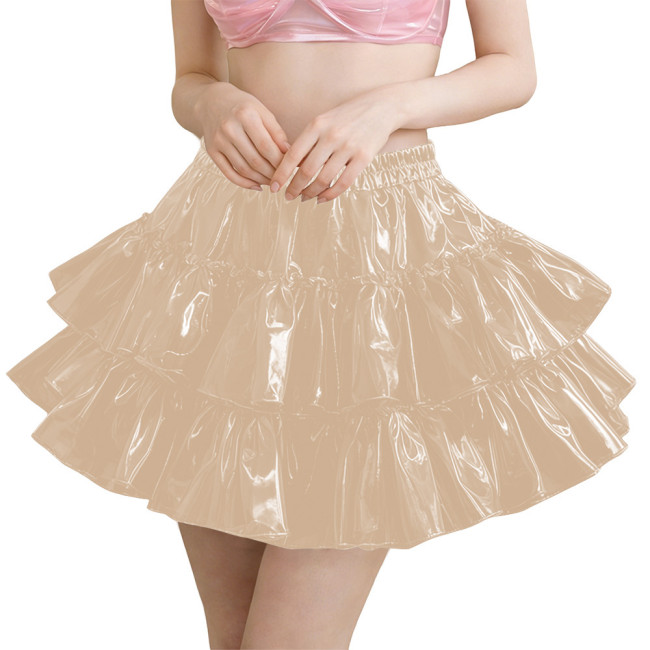 Erotic PVC Tiered Ruffle Party Mini Skirt Shiny Sexy High Waist Streetwear Ladies Elegant Layered Flared Skirt Cosplay Clubwear