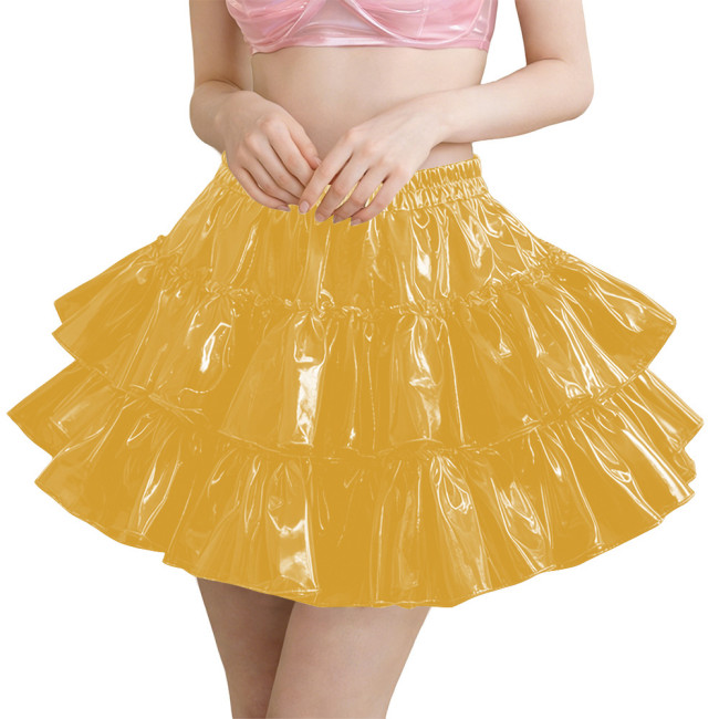 Erotic PVC Tiered Ruffle Party Mini Skirt Shiny Sexy High Waist Streetwear Ladies Elegant Layered Flared Skirt Cosplay Clubwear