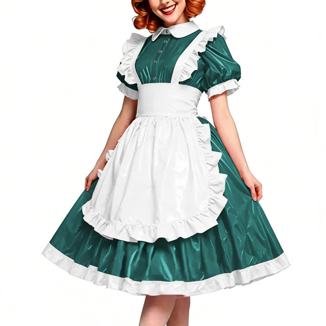 Victorian Glossy PVC Dress Shiny Wetlook Halloween Apron Maid Puff Sleeve Party Sexy Ruffle Midi Dress Cosplay A-line Clubwear