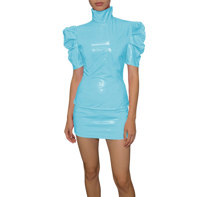 Elegant PVC Two Piece Cosplay Skirt Set Shiny Slim Fit Top Vinyl Bodycon Skirt Fetish Back Zipper Evening Streetwear Dress Set