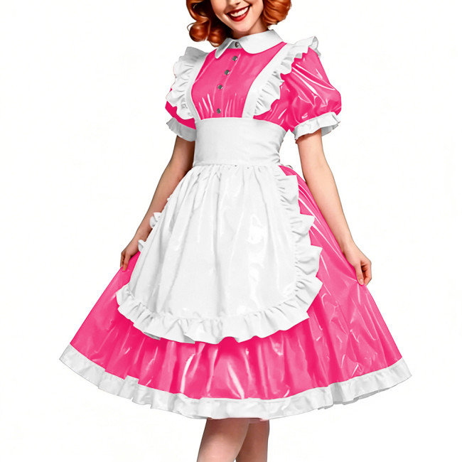 Victorian Glossy PVC Dress Shiny Wetlook Halloween Apron Maid Puff Sleeve Party Sexy Ruffle Midi Dress Cosplay A-line Clubwear