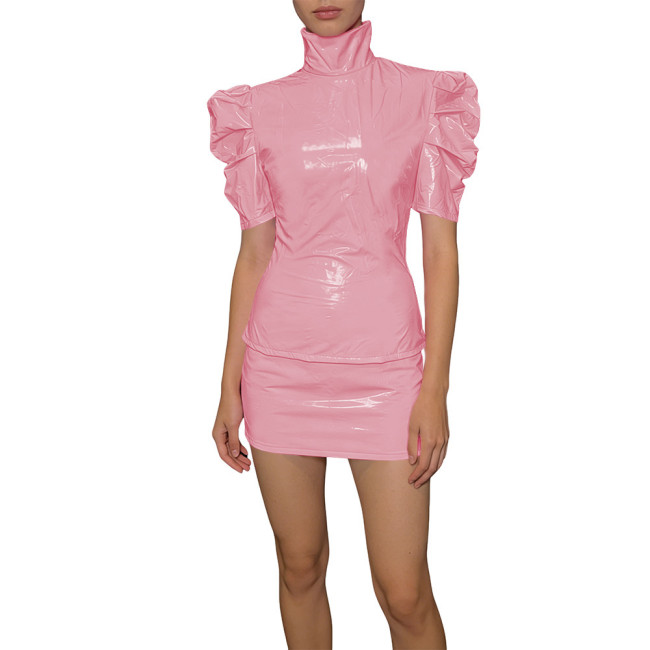 Elegant PVC Two Piece Cosplay Skirt Set Shiny Slim Fit Top Vinyl Bodycon Skirt Fetish Back Zipper Evening Streetwear Dress Set