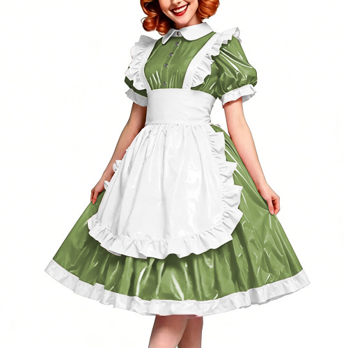 Victorian Glossy PVC Dress Shiny Wetlook Halloween Apron Maid Puff Sleeve Party Sexy Ruffle Midi Dress Cosplay A-line Clubwear