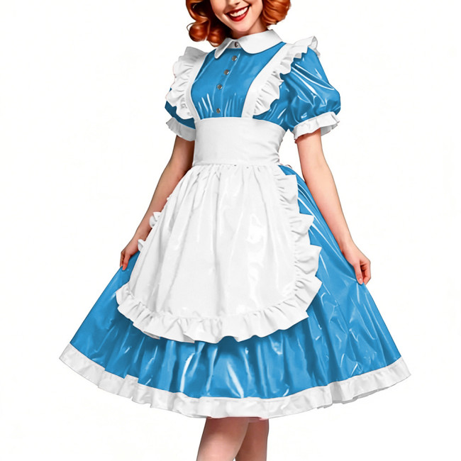Victorian Glossy PVC Dress Shiny Wetlook Halloween Apron Maid Puff Sleeve Party Sexy Ruffle Midi Dress Cosplay A-line Clubwear