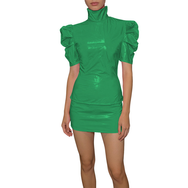 Elegant PVC Two Piece Cosplay Skirt Set Shiny Slim Fit Top Vinyl Bodycon Skirt Fetish Back Zipper Evening Streetwear Dress Set