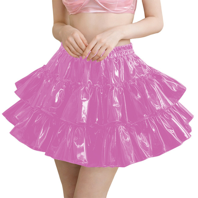 Erotic PVC Tiered Ruffle Party Mini Skirt Shiny Sexy High Waist Streetwear Ladies Elegant Layered Flared Skirt Cosplay Clubwear