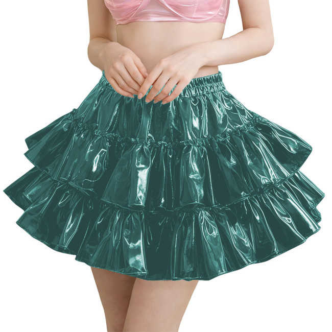 Erotic PVC Tiered Ruffle Party Mini Skirt Shiny Sexy High Waist Streetwear Ladies Elegant Layered Flared Skirt Cosplay Clubwear