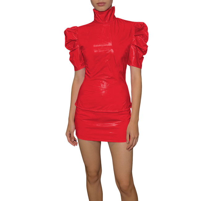 Elegant PVC Two Piece Cosplay Skirt Set Shiny Slim Fit Top Vinyl Bodycon Skirt Fetish Back Zipper Evening Streetwear Dress Set