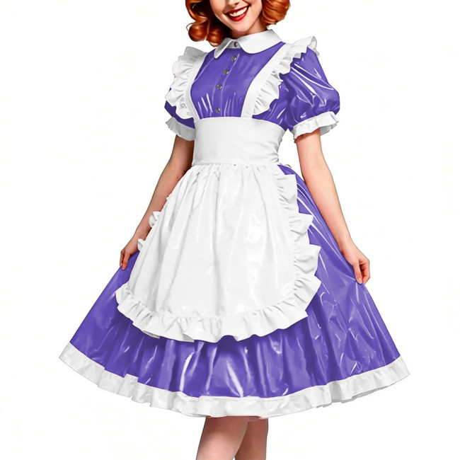 Victorian Glossy PVC Dress Shiny Wetlook Halloween Apron Maid Puff Sleeve Party Sexy Ruffle Midi Dress Cosplay A-line Clubwear