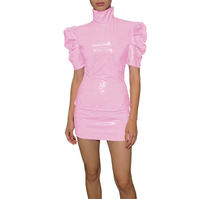 Elegant PVC Two Piece Cosplay Skirt Set Shiny Slim Fit Top Vinyl Bodycon Skirt Fetish Back Zipper Evening Streetwear Dress Set