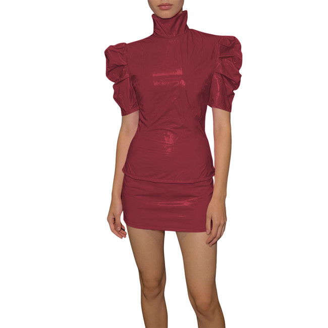Elegant PVC Two Piece Cosplay Skirt Set Shiny Slim Fit Top Vinyl Bodycon Skirt Fetish Back Zipper Evening Streetwear Dress Set