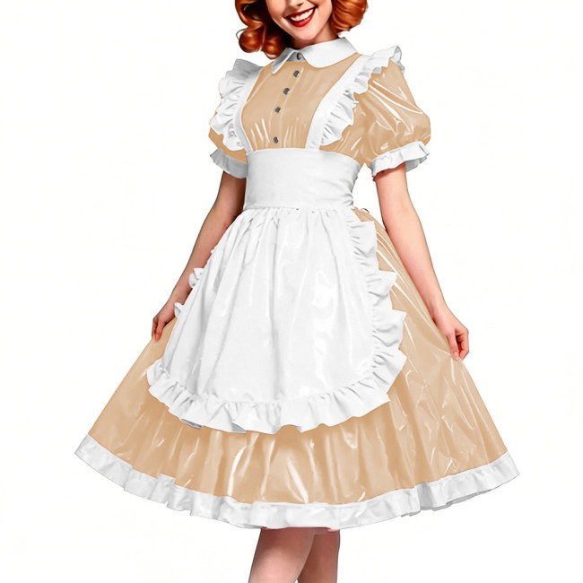 Victorian Glossy PVC Dress Shiny Wetlook Halloween Apron Maid Puff Sleeve Party Sexy Ruffle Midi Dress Cosplay A-line Clubwear