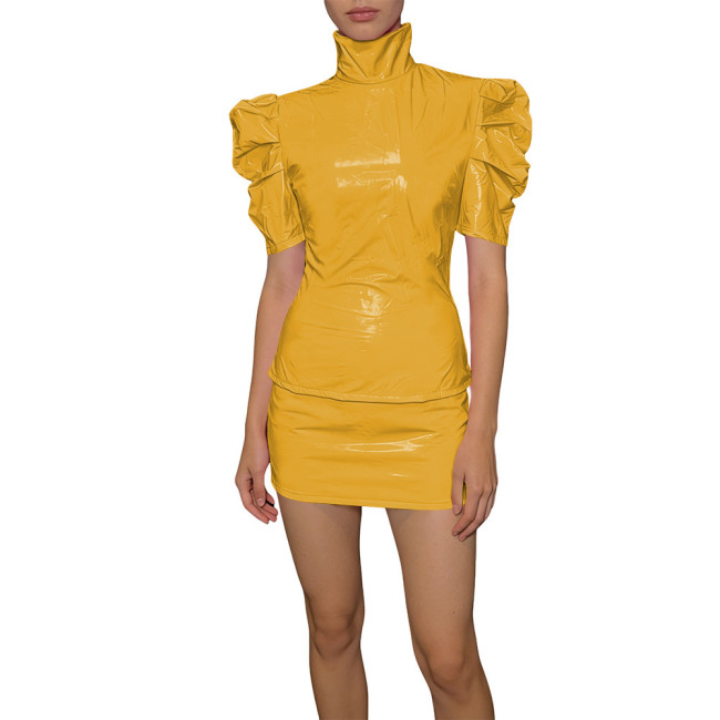 Elegant PVC Two Piece Cosplay Skirt Set Shiny Slim Fit Top Vinyl Bodycon Skirt Fetish Back Zipper Evening Streetwear Dress Set
