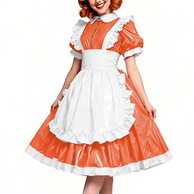 Victorian Glossy PVC Dress Shiny Wetlook Halloween Apron Maid Puff Sleeve Party Sexy Ruffle Midi Dress Cosplay A-line Clubwear