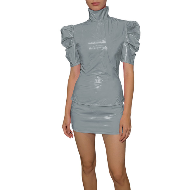 Elegant PVC Two Piece Cosplay Skirt Set Shiny Slim Fit Top Vinyl Bodycon Skirt Fetish Back Zipper Evening Streetwear Dress Set