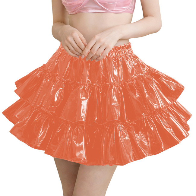 Erotic PVC Tiered Ruffle Party Mini Skirt Shiny Sexy High Waist Streetwear Ladies Elegant Layered Flared Skirt Cosplay Clubwear