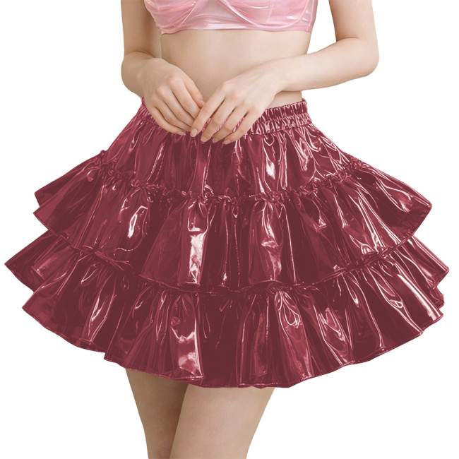 Erotic PVC Tiered Ruffle Party Mini Skirt Shiny Sexy High Waist Streetwear Ladies Elegant Layered Flared Skirt Cosplay Clubwear