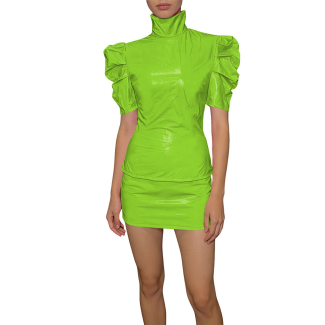 Elegant PVC Two Piece Cosplay Skirt Set Shiny Slim Fit Top Vinyl Bodycon Skirt Fetish Back Zipper Evening Streetwear Dress Set