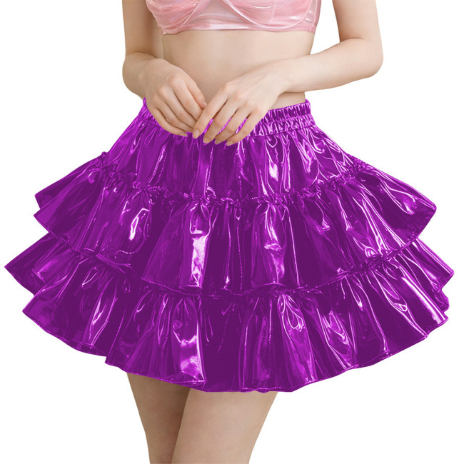 Erotic PVC Tiered Ruffle Party Mini Skirt Shiny Sexy High Waist Streetwear Ladies Elegant Layered Flared Skirt Cosplay Clubwear