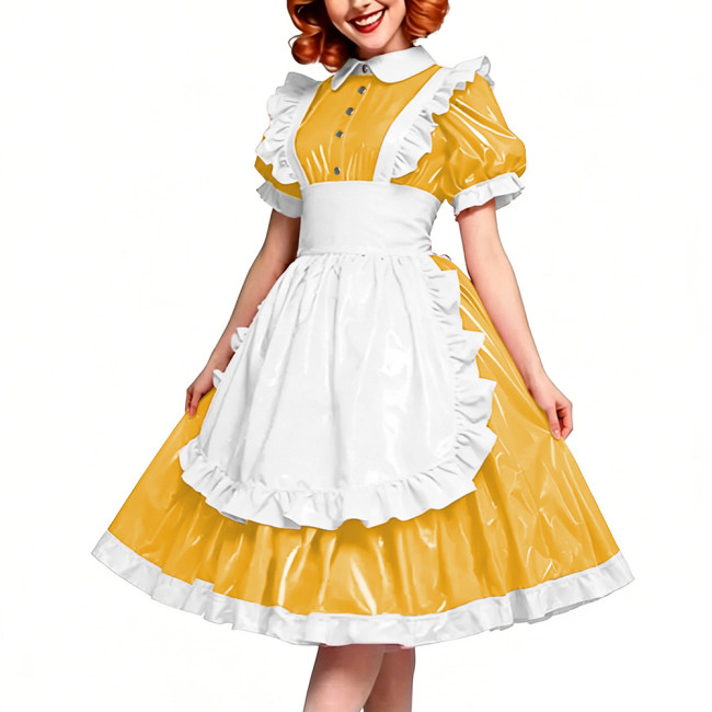 Victorian Glossy PVC Dress Shiny Wetlook Halloween Apron Maid Puff Sleeve Party Sexy Ruffle Midi Dress Cosplay A-line Clubwear
