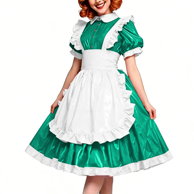 Victorian Glossy PVC Dress Shiny Wetlook Halloween Apron Maid Puff Sleeve Party Sexy Ruffle Midi Dress Cosplay A-line Clubwear