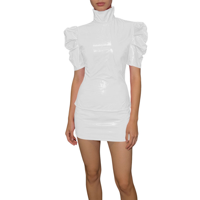 Elegant PVC Two Piece Cosplay Skirt Set Shiny Slim Fit Top Vinyl Bodycon Skirt Fetish Back Zipper Evening Streetwear Dress Set