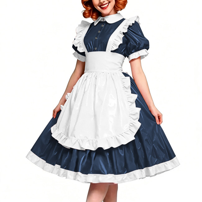 Victorian Glossy PVC Dress Shiny Wetlook Halloween Apron Maid Puff Sleeve Party Sexy Ruffle Midi Dress Cosplay A-line Clubwear