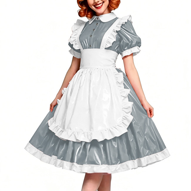 Victorian Glossy PVC Dress Shiny Wetlook Halloween Apron Maid Puff Sleeve Party Sexy Ruffle Midi Dress Cosplay A-line Clubwear