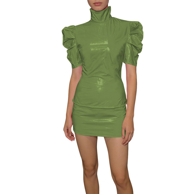 Elegant PVC Two Piece Cosplay Skirt Set Shiny Slim Fit Top Vinyl Bodycon Skirt Fetish Back Zipper Evening Streetwear Dress Set