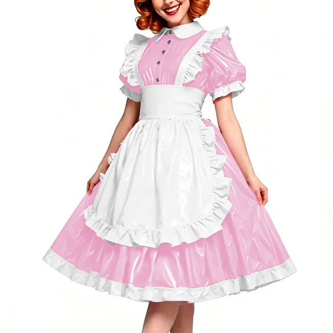 Victorian Glossy PVC Dress Shiny Wetlook Halloween Apron Maid Puff Sleeve Party Sexy Ruffle Midi Dress Cosplay A-line Clubwear