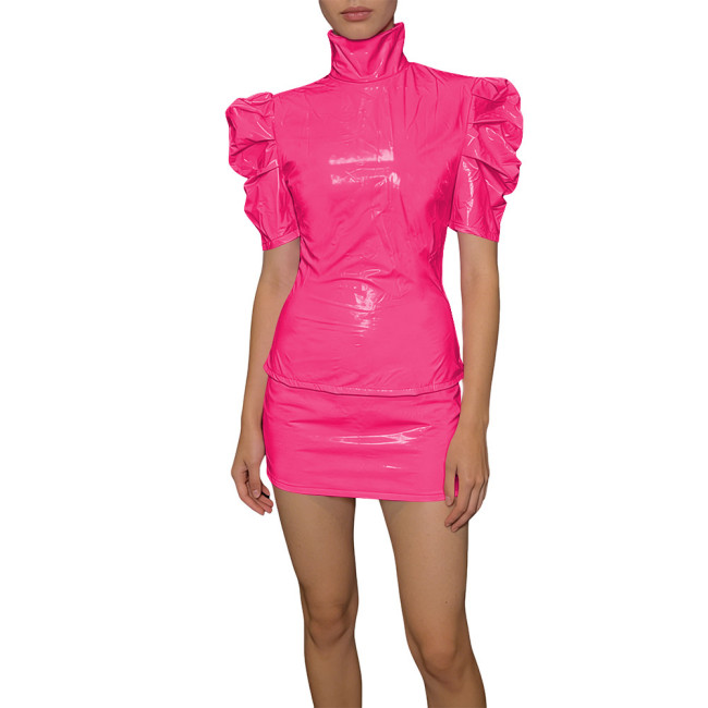 Elegant PVC Two Piece Cosplay Skirt Set Shiny Slim Fit Top Vinyl Bodycon Skirt Fetish Back Zipper Evening Streetwear Dress Set