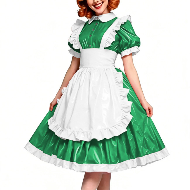 Victorian Glossy PVC Dress Shiny Wetlook Halloween Apron Maid Puff Sleeve Party Sexy Ruffle Midi Dress Cosplay A-line Clubwear
