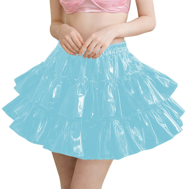 Erotic PVC Tiered Ruffle Party Mini Skirt Shiny Sexy High Waist Streetwear Ladies Elegant Layered Flared Skirt Cosplay Clubwear
