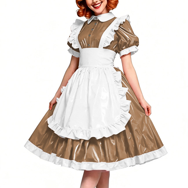 Victorian Glossy PVC Dress Shiny Wetlook Halloween Apron Maid Puff Sleeve Party Sexy Ruffle Midi Dress Cosplay A-line Clubwear