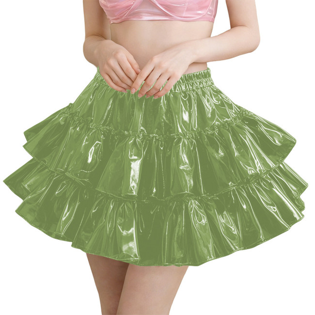 Erotic PVC Tiered Ruffle Party Mini Skirt Shiny Sexy High Waist Streetwear Ladies Elegant Layered Flared Skirt Cosplay Clubwear