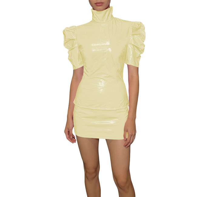 Elegant PVC Two Piece Cosplay Skirt Set Shiny Slim Fit Top Vinyl Bodycon Skirt Fetish Back Zipper Evening Streetwear Dress Set